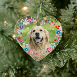 Aangepaste foto huisdier-herdenking bloemhartvormi keramisch ornament