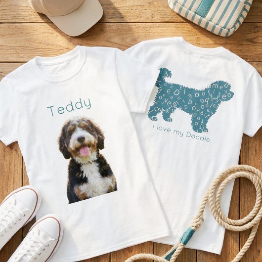 Aangepaste foto huisdier naam Doodle moeder teal e T-shirt