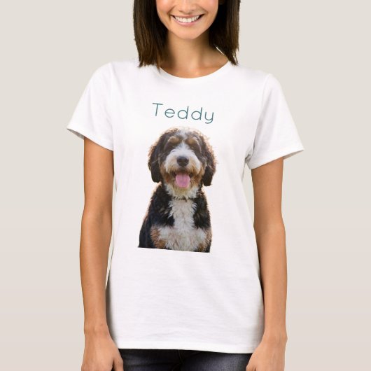 Aangepaste foto huisdier naam Doodle moeder teal e T-shirt (Voorkant)