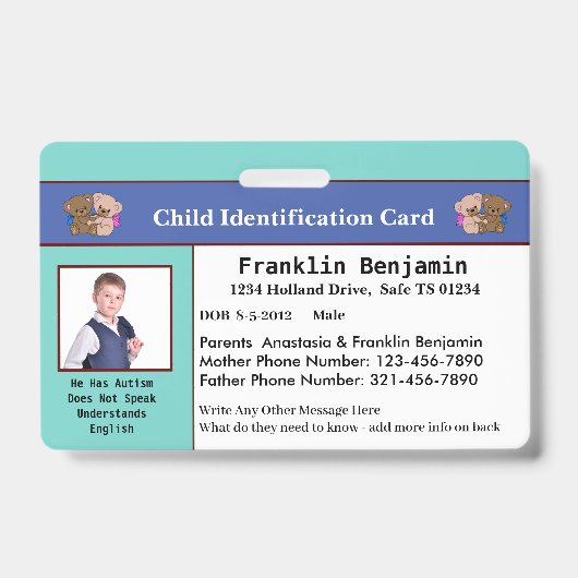 Aangepaste foto ID identiteitskaart voor kinderen Badge (Voorzijde)