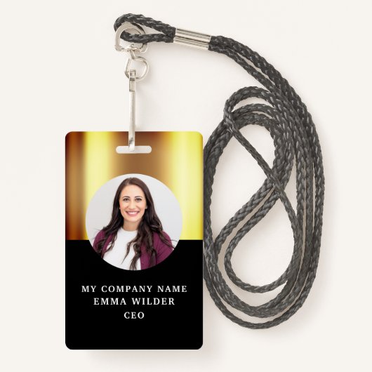 Aangepaste foto-ID Metallic Gold Black Badge (Voorkant met draagriem)
