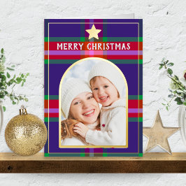 Aangepaste foto in een boogframe met geruite Kerst Folie Feestdagenkaart