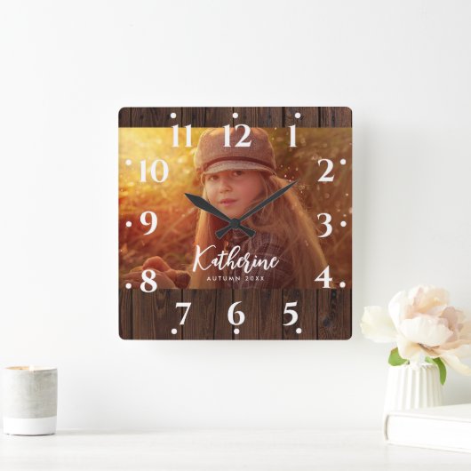 Aangepaste foto in rustieke donkerbruine houten pl vierkante klok (Huis)