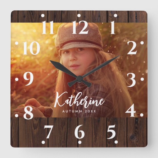 Aangepaste foto in rustieke donkerbruine houten pl vierkante klok (Voorkant)