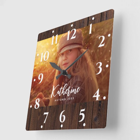 Aangepaste foto in rustieke donkerbruine houten pl vierkante klok (Hoek)