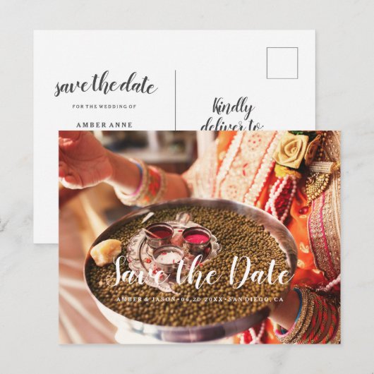 Aangepaste Foto Indiase bruiloft Save the Date Aankondigingskaart (Voorkant / Achterkant)