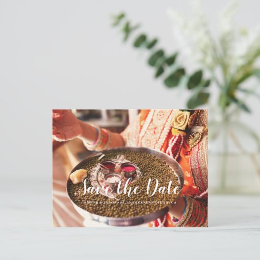Aangepaste Foto Indiase bruiloft Save the Date Aankondigingskaart (Staand voorkant)