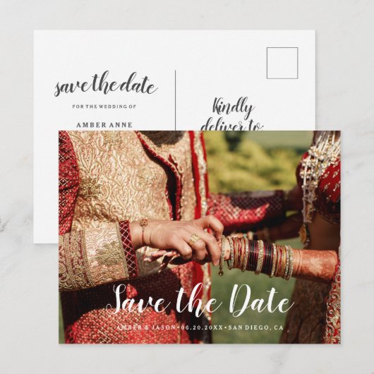 Aangepaste Foto Indiase bruiloft Save the Date Aankondigingskaart (Voorkant / Achterkant)