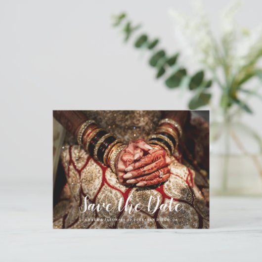 Aangepaste Foto Indiase bruiloft Save the Date Aankondigingskaart (Staand voorkant)
