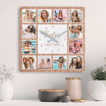 Aangepaste foto-inklage Besties Roos Gold Glitter Vierkante Klok<br><div class="desc">Maak deze trendy elegante witte en roos goudfaux glitter foto collage wall uniek met 12 van uw favoriete foto's met uw beste vriend(in). Het ontwerp kenmerkt ook modern handgeschreven manuscript "Besties"en uw namen.</div>