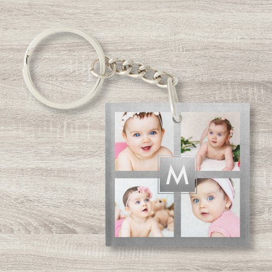 Aangepaste foto-inklage Silver Monogram Baby Sleutelhanger