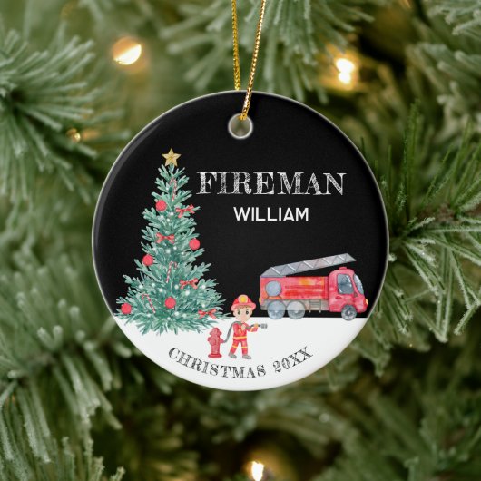 Aangepaste Foto Keepsake Fireman Kerstboom Truck Keramisch Ornament (Boom)