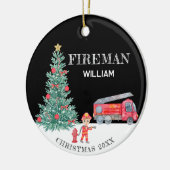 Aangepaste Foto Keepsake Fireman Kerstboom Truck Keramisch Ornament (Links)