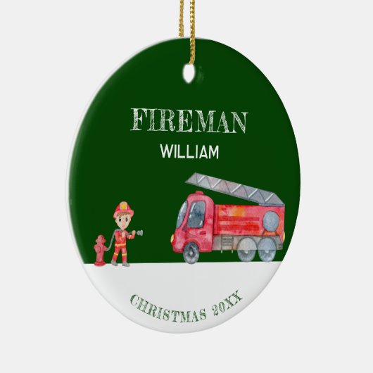 Aangepaste Foto Keepsake Fireman Kerstmis Firetruc Keramisch Ornament (Rechts)