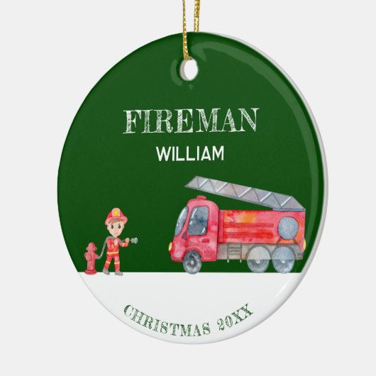 Aangepaste Foto Keepsake Fireman Kerstmis Firetruc Keramisch Ornament (Links)