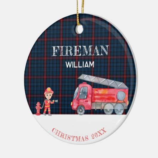 Aangepaste Foto Keepsake Fireman Kerstmis Firetruc Keramisch Ornament (Links)