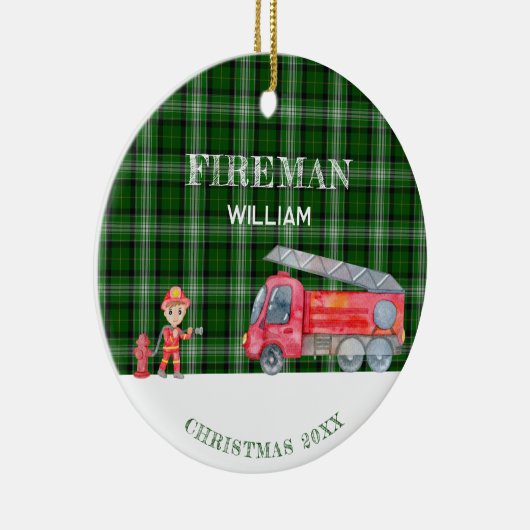 Aangepaste Foto Keepsake Fireman Kerstmis Firetruc Keramisch Ornament (Rechts)