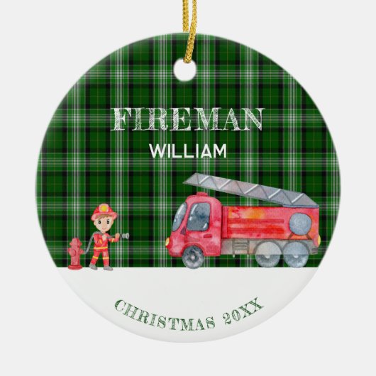 Aangepaste Foto Keepsake Fireman Kerstmis Firetruc Keramisch Ornament (Voorkant)