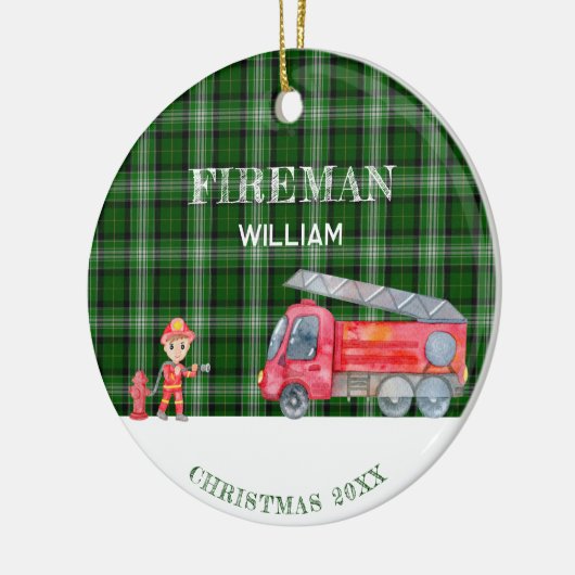 Aangepaste Foto Keepsake Fireman Kerstmis Firetruc Keramisch Ornament (Links)