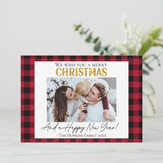 Aangepaste foto Kerstkaart rode buffel check (Staand voorkant)