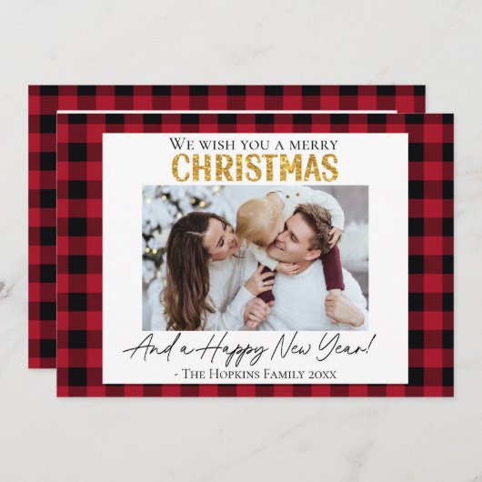 Aangepaste foto Kerstkaart rode buffel check (Voorkant / Achterkant)