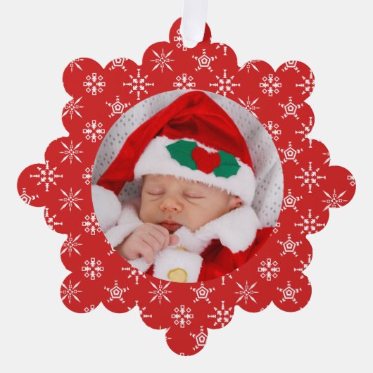 Aangepaste foto Kerstman Baby Sneeuwvlokken & Rood Ornament Kaart (Voorkant)