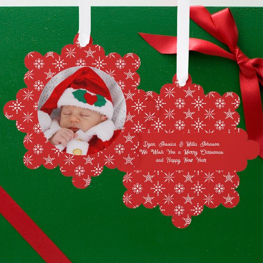 Aangepaste foto Kerstman Baby Sneeuwvlokken & Rood Ornament Kaart