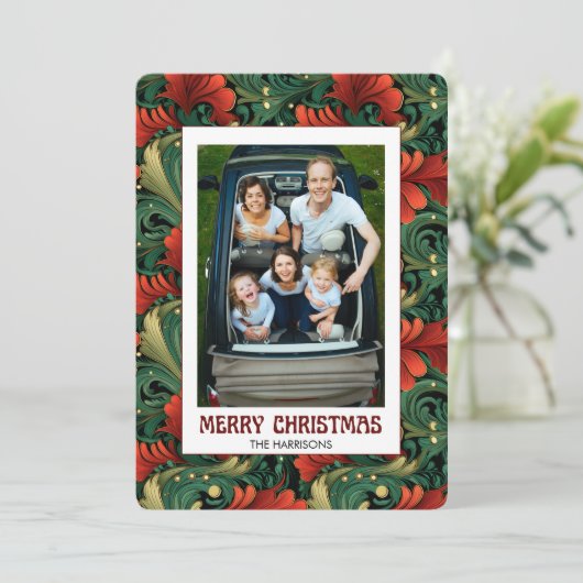 Aangepaste foto Kerstmis Art Nouveau bloemmotief Feestdagenkaart (Staand voorkant)