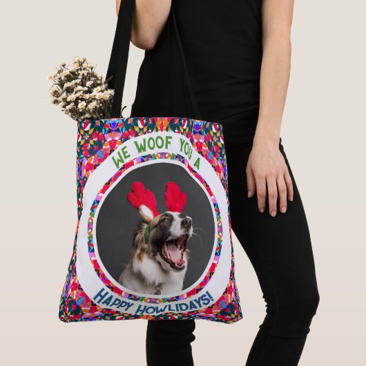 Aangepaste foto Kerstmis Hond Moeder Kleurrijk Tote Bag (Dichtbij)