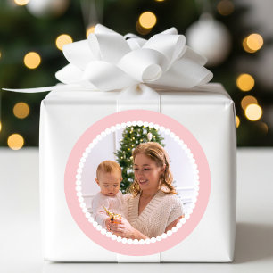 Aangepaste Foto Kerstmis Snowball Lijst Roze Ronde Sticker