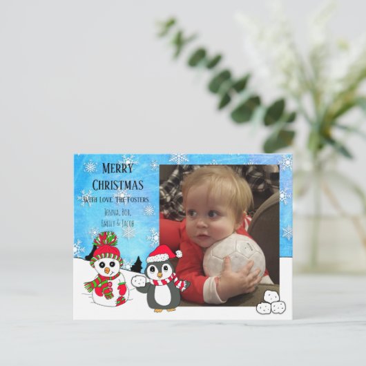 Aangepaste foto-kerstpinguïn en Snowman Briefkaart (Staand voorkant)