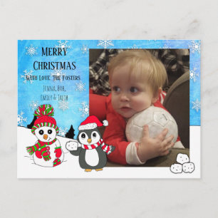 Aangepaste foto-kerstpinguïn en Snowman Briefkaart