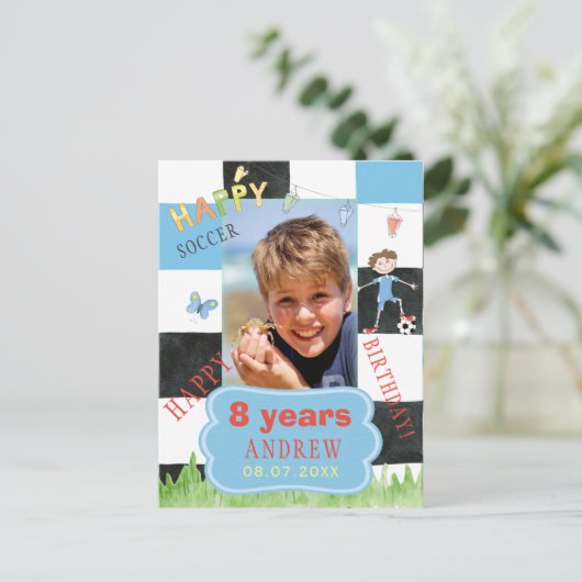 Aangepaste foto kinder voetbal virtual birthday pa uitnodiging briefkaart (Staand voorkant)