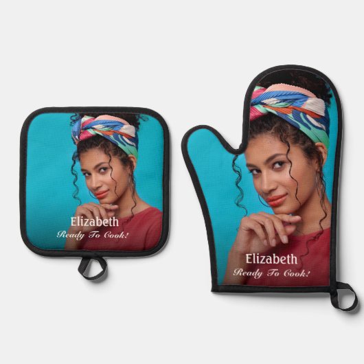 Aangepaste foto klaar om te koken personaliseren ovenwant & pannenlap set (Voorkant)