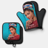 Aangepaste foto klaar om te koken personaliseren ovenwant & pannenlap set (Voorkant / Achterkant)