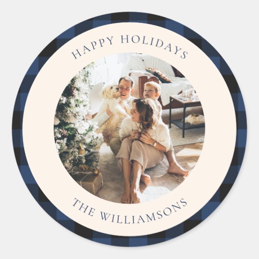 Aangepaste foto Klassieke Navy Black Buffalo Plaid Ronde Sticker (Voorkant)