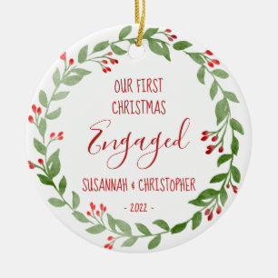 Aangepaste foto krans Rood eerste kerst verloofd Keramisch Ornament