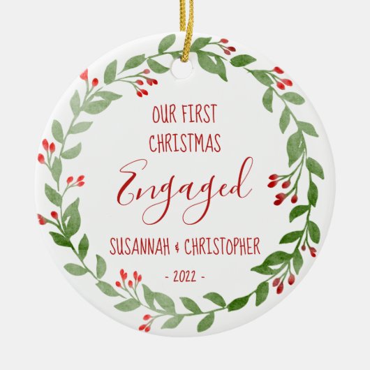 Aangepaste foto krans Rood eerste kerst verloofd Keramisch Ornament (Voorkant)