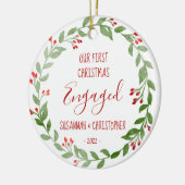 Aangepaste foto krans Rood eerste kerst verloofd Keramisch Ornament (Links)