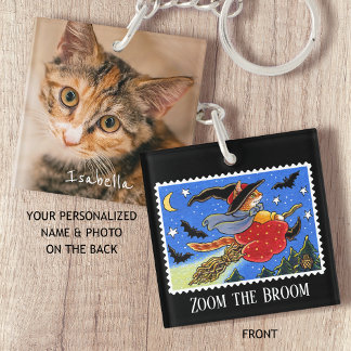 Aangepaste Foto Leuk Halloween Cat Witch Broomstic Sleutelhanger