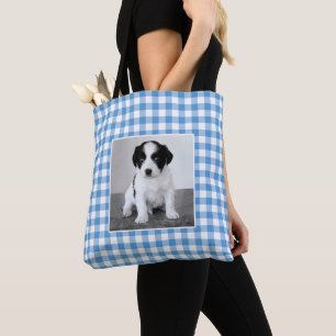 Aangepaste foto lichtblauw wit geruit tote bag