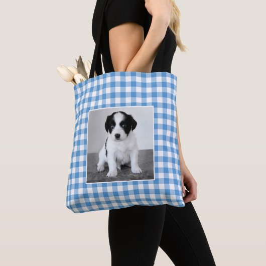 Aangepaste Foto Lichtblauw Wit Gingham Check Tote Bag (Dichtbij)
