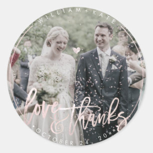 Aangepaste foto Love+Bedankt, Modern Script Blush Ronde Sticker
