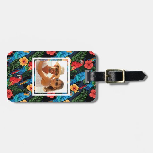 Aangepaste foto Macaw en Hibiscus Pattern Bagagelabel (Voorkant horizontaal)