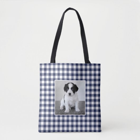 Aangepaste Foto Marine Blauw Wit Gingham Check Tote Bag (Voorkant)