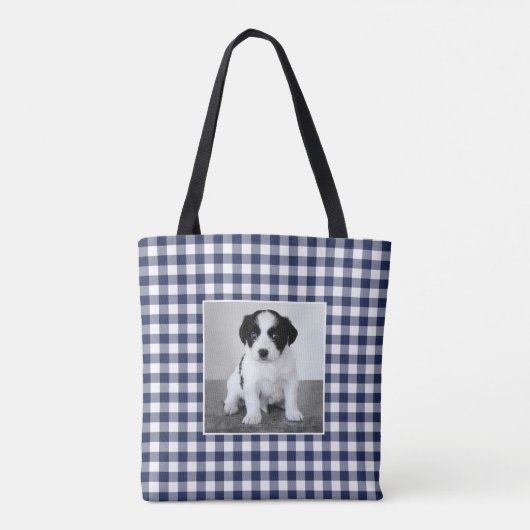 Aangepaste Foto Marine Blauw Wit Gingham Check Tote Bag (Achterkant)