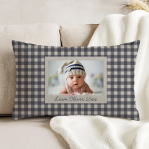 Aangepaste foto marineblauwe beige geruite babykam accent kussen