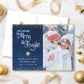 Aangepaste foto Merk Bright Script Gold Star Blue Feestdagenkaart