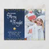 Aangepaste foto Merk Bright Script Gold Star Blue Feestdagenkaart (Voorkant)