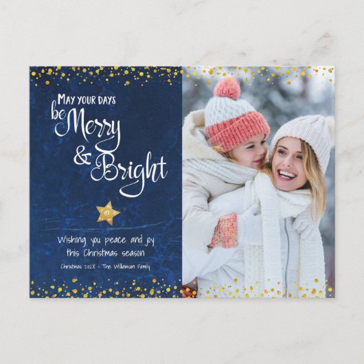 Aangepaste foto Merk Bright Script Gold Star Blue Feestdagenkaart (Voorkant)